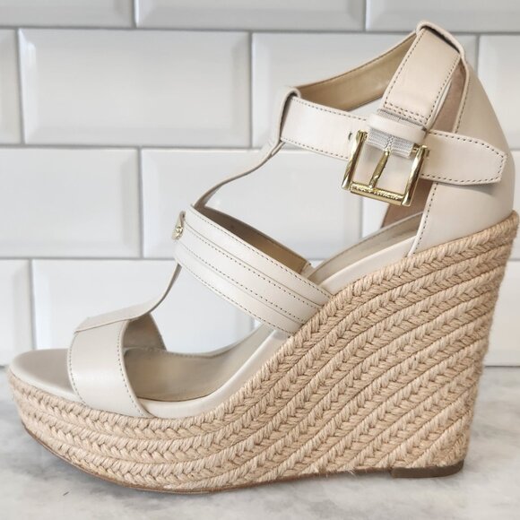 MICHAEL KORS Cute Natural cream Leather Espadrilles Raffia Wedge Sz 9 EUC! - Picture 1 of 5